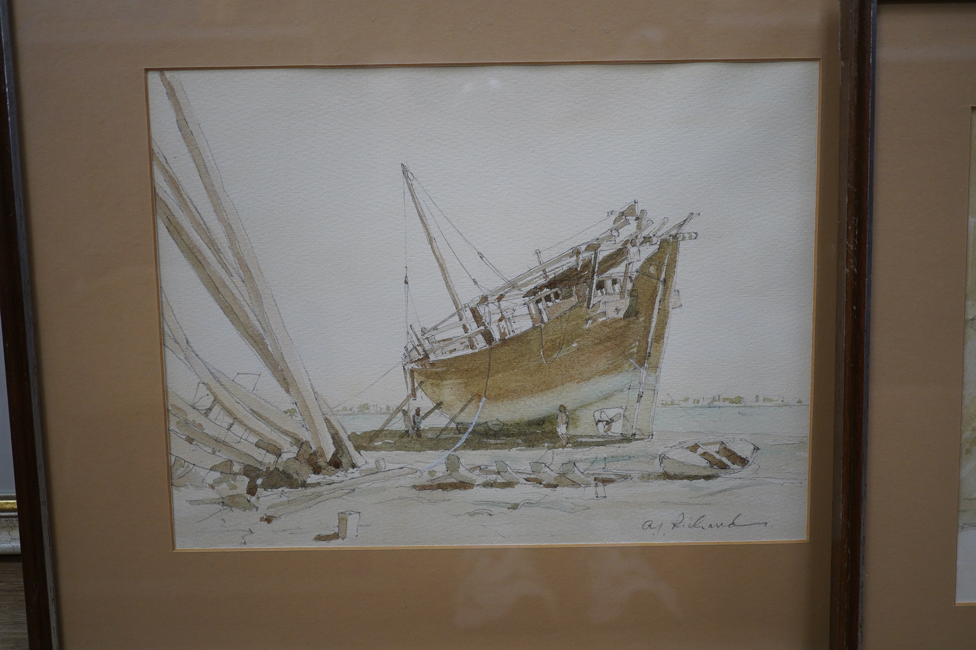 A. J. Richard, set of five watercolours, Beach scenes with moored boats, each signed, largest 23 x 30cm. Condition - fair to good